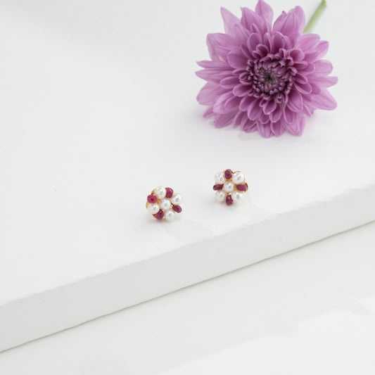 Natural Ruby Near Round Pearl Stud Earrings