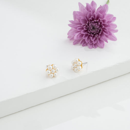 Floral Round Pearl Stud Earrings