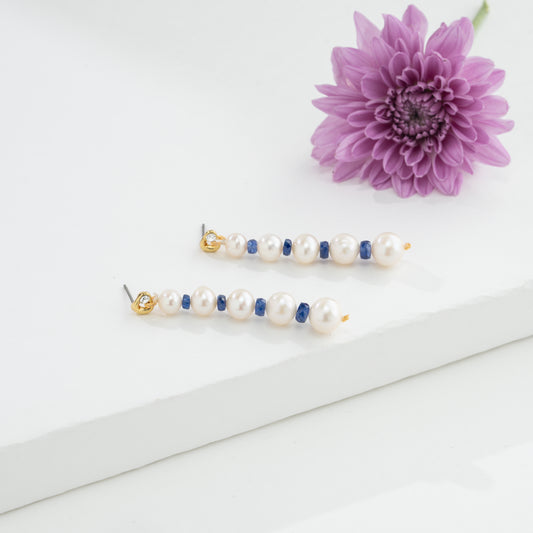 Natural Blue Sapphire Near Round Grading Pearl Hanging Earrings