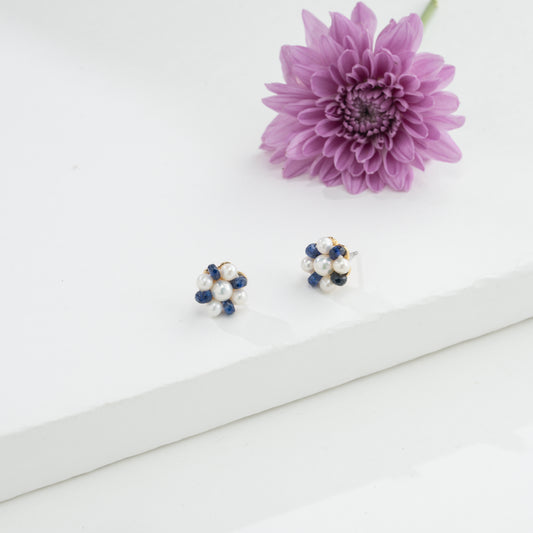 Natural Blue Sapphire Near Round Pearl Stud Earrings