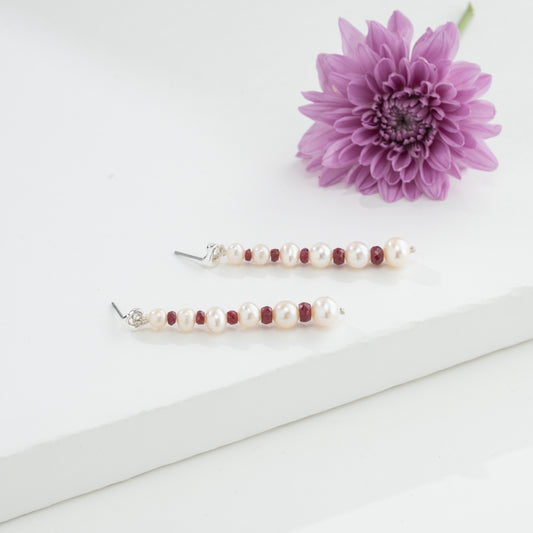 Natural Ruby And White Near Round Grading Pearl Hanging Earrings