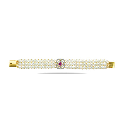 Fancy Button Red Stone Pearl Bracelet