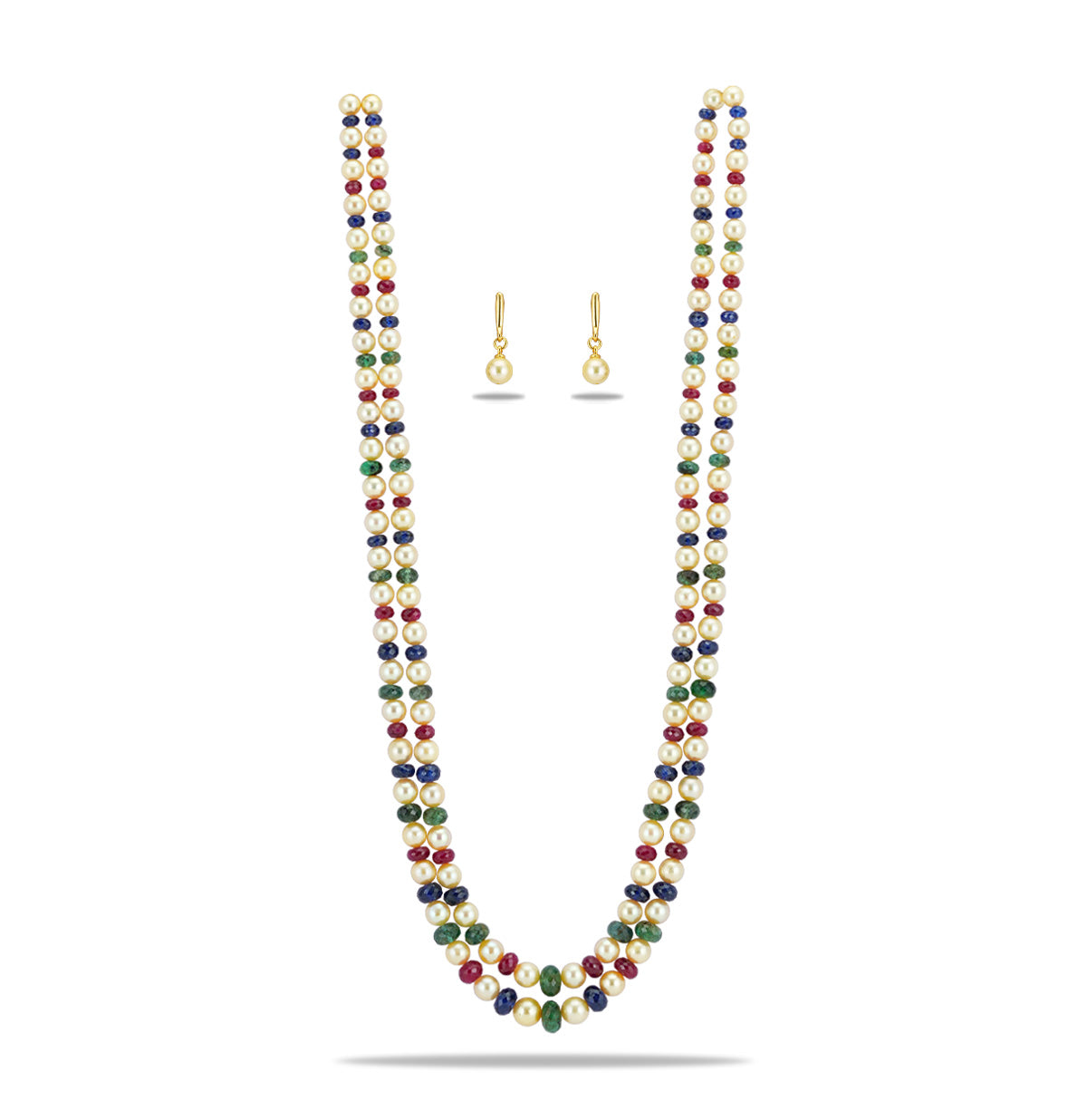 Natural Ruby & Emerald & Sapphire Beads and 6.0-7.0mm Golden Saltwater Akoya Pearls Necklace Set - A Quality