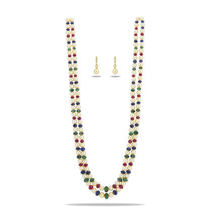 Natural Ruby & Emerald & Sapphire Beads and 6.0-7.0mm Golden Saltwater Akoya Pearls Necklace Set - A Quality
