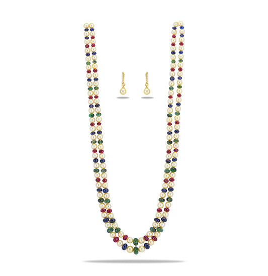 Natural Ruby & Emerald & Sapphire Beads and 6.0-7.0mm Golden Saltwater Akoya Pearls Necklace Set - A Quality