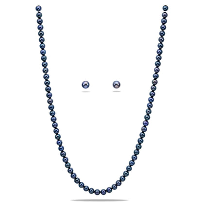 6.0-7.0mm Round Black Freshwater Pearl Necklace Set - A Quality