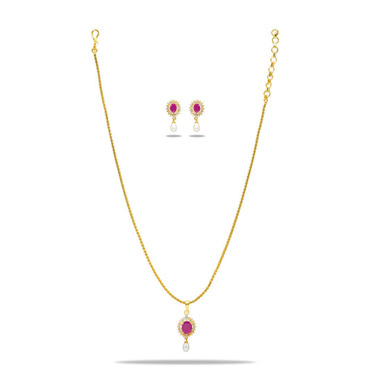 Luminous Red Color Stone Freshwater Pearl Necklace Set