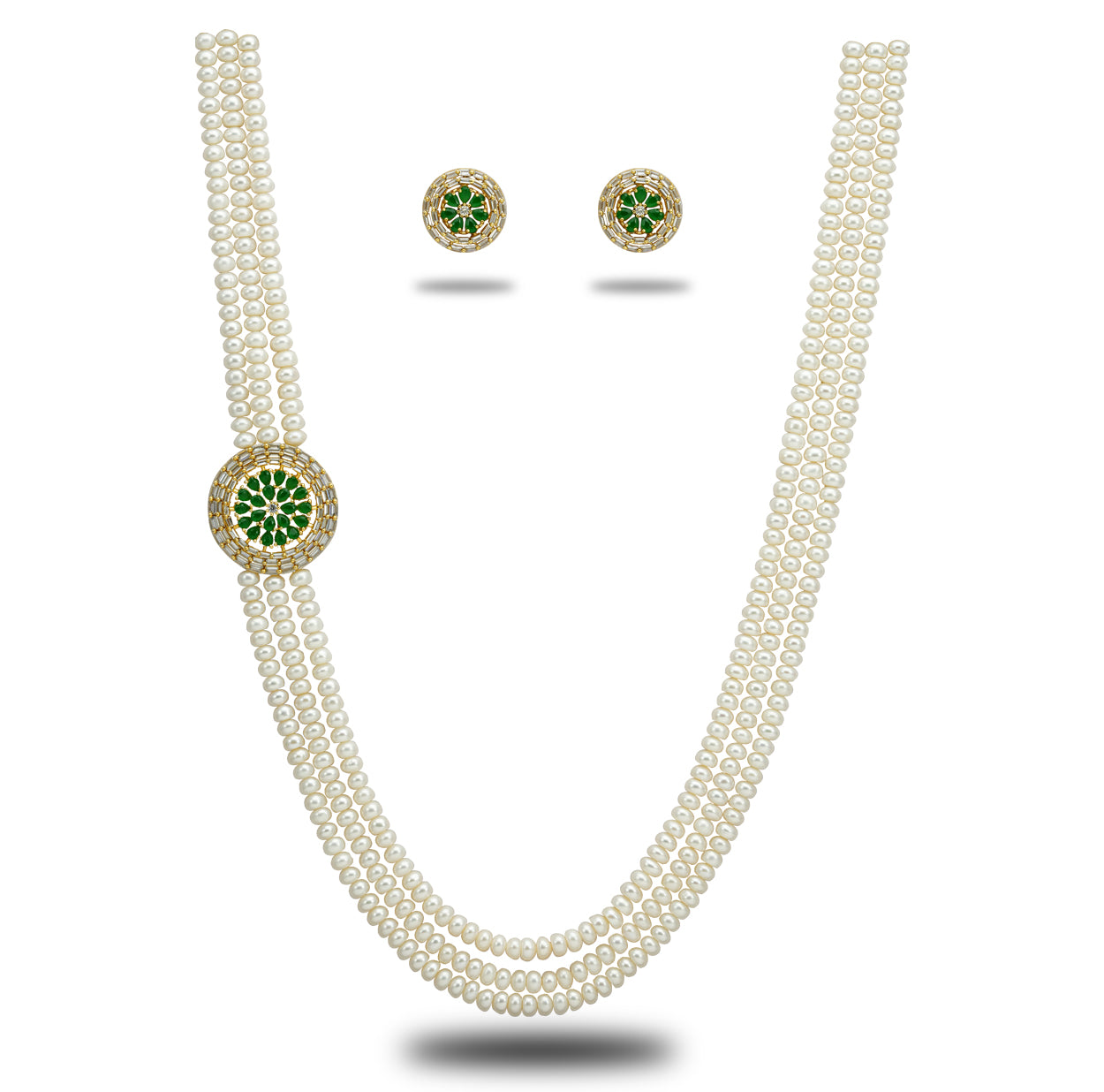 Charming Green Stone Side Piece Freshwater Pearl Necklace Set