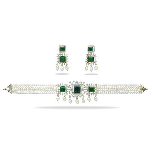 Adorable Green Stone Freshwater Pearls Choker Set