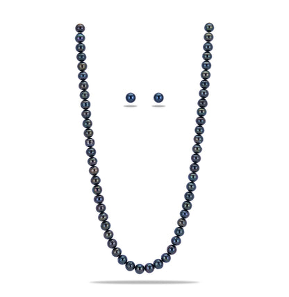 8.0-9.0mm Near Round Black Freshwater Pearl Necklace Set - AA Quality