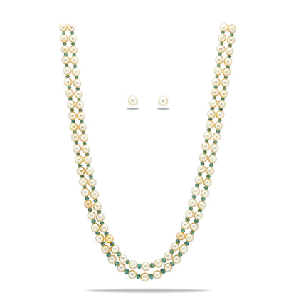 Natural Emerald and Golden Saltwater Akoya Pearls Necklace Set - A Quality