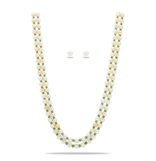 Natural Emerald and Golden Saltwater Akoya Pearls Necklace Set - A Quality