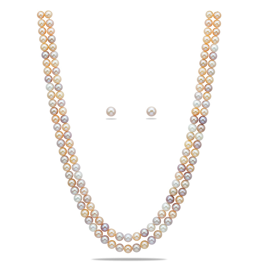 7.0-8.0mm Round Multicolor Freshwater Pearl Necklace Set - AA Quality