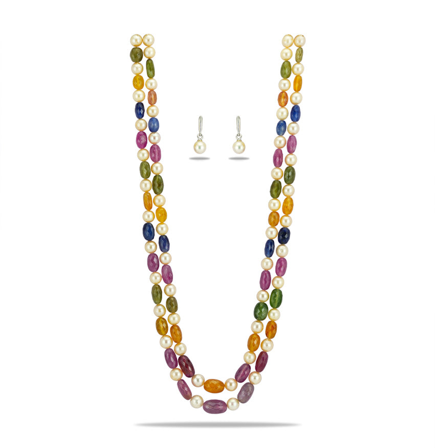 Natural Navaratan  Beads and 7.0-8.0mm Cream South Sea Pearls Necklace Set - A Quality