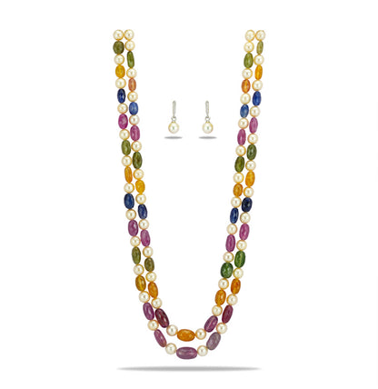 Natural Navaratan  Beads and 7.0-8.0mm Cream South Sea Pearls Necklace Set - A Quality