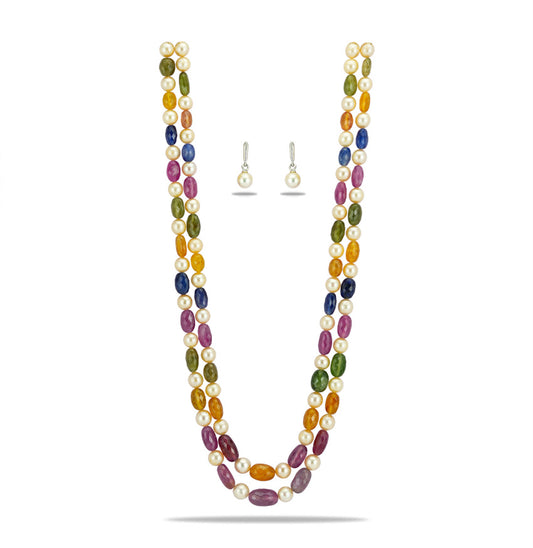 Natural Navaratan  Beads and 7.0-8.0mm Cream South Sea Pearls Necklace Set - A Quality