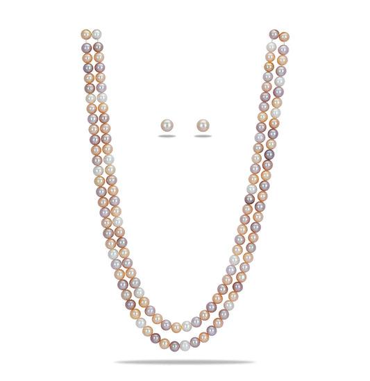 7.0-8.0mm Multicolor Round Freshwater Pearl Necklace Set - AAA Quality