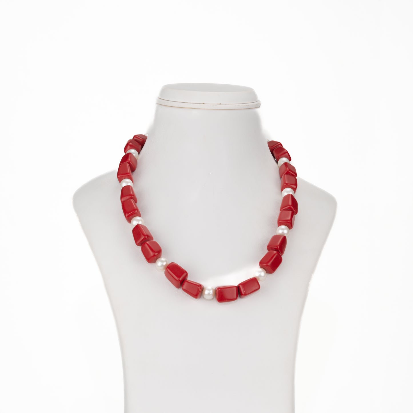 Semi Precious Red Beads & White Freshwater Pearl Necklace