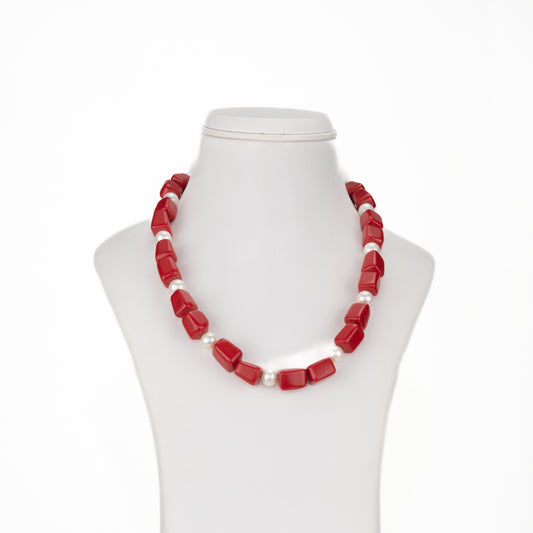 Semi Precious Red Beads & White Freshwater Pearl Necklace