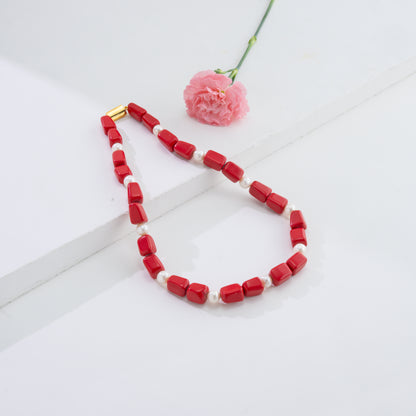 Semi Precious Red Beads & White Freshwater Pearl Necklace