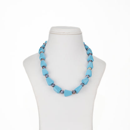 Light Blue Semi Precious Beads & Black Freshwater Pearl Necklace