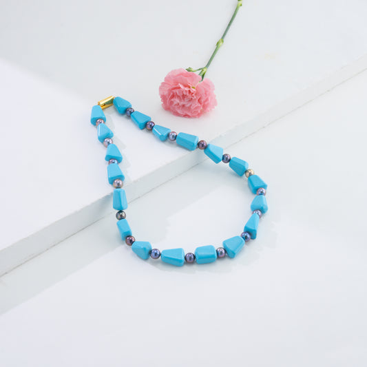 Light Blue Semi Precious Beads & Black Freshwater Pearl Necklace