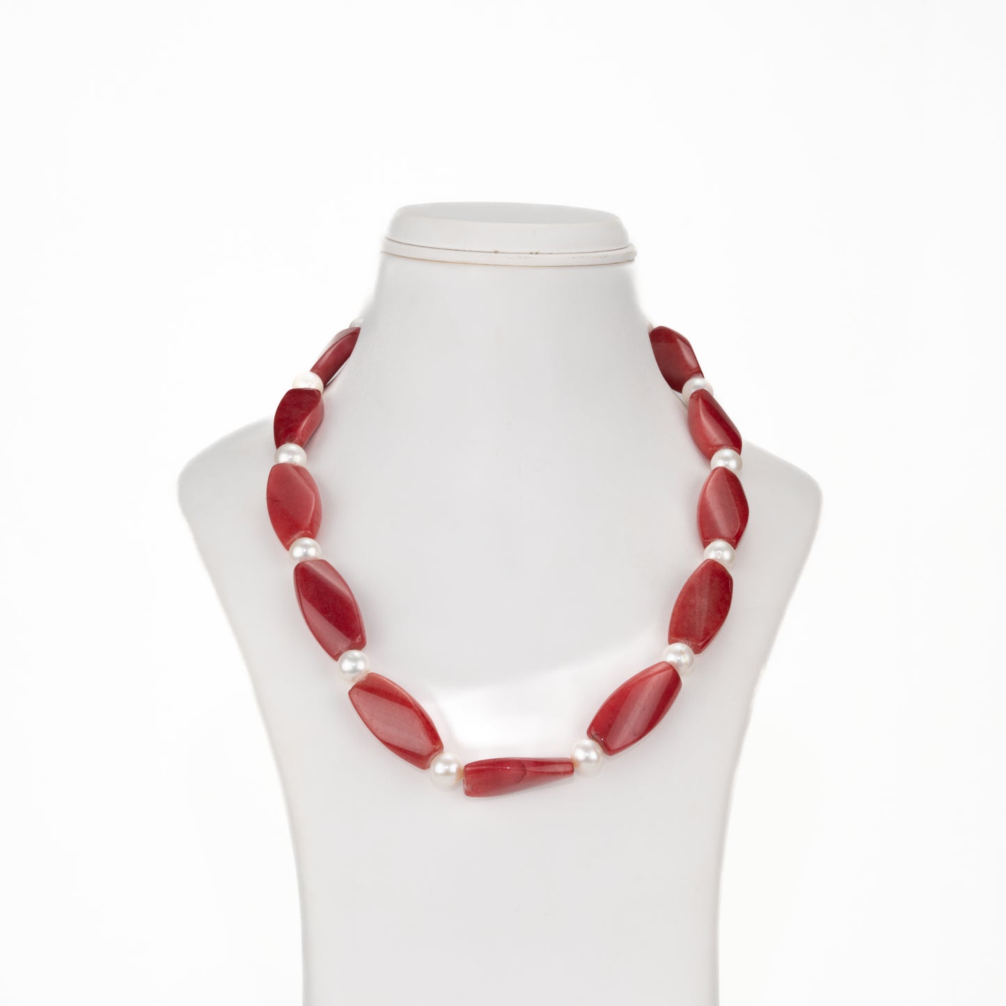 Semi Precious Red Beads & White Freshwater Pearl Necklace