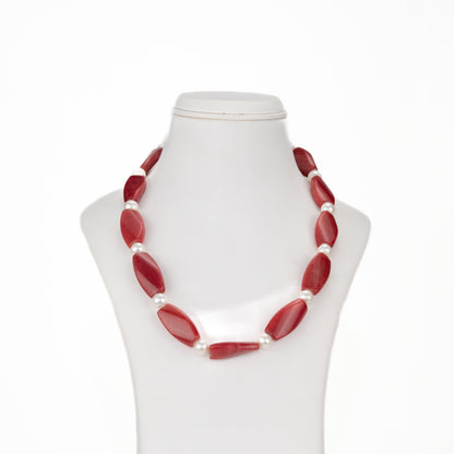 Semi Precious Red Beads & White Freshwater Pearl Necklace
