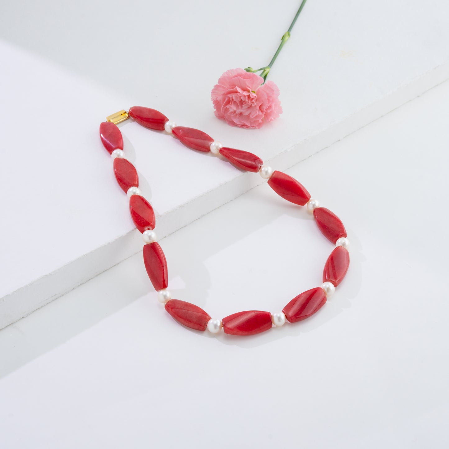 Semi Precious Red Beads & White Freshwater Pearl Necklace