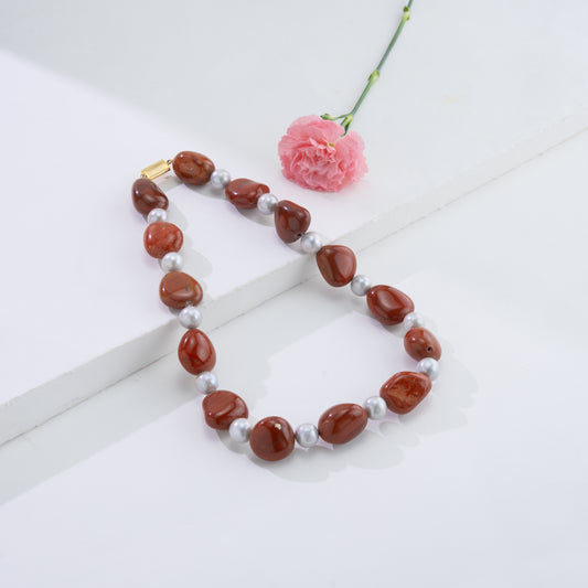 Red Jasper Semi Precious Beads Grey Freshwater Pearl Necklace
