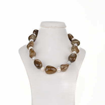 Brown Agate Semi Precious Beads & Multicolor Freshwater Pearl Necklace