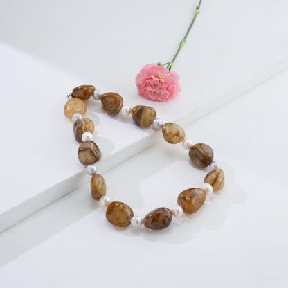 Brown Agate Semi Precious Beads & Multicolor Freshwater Pearl Necklace