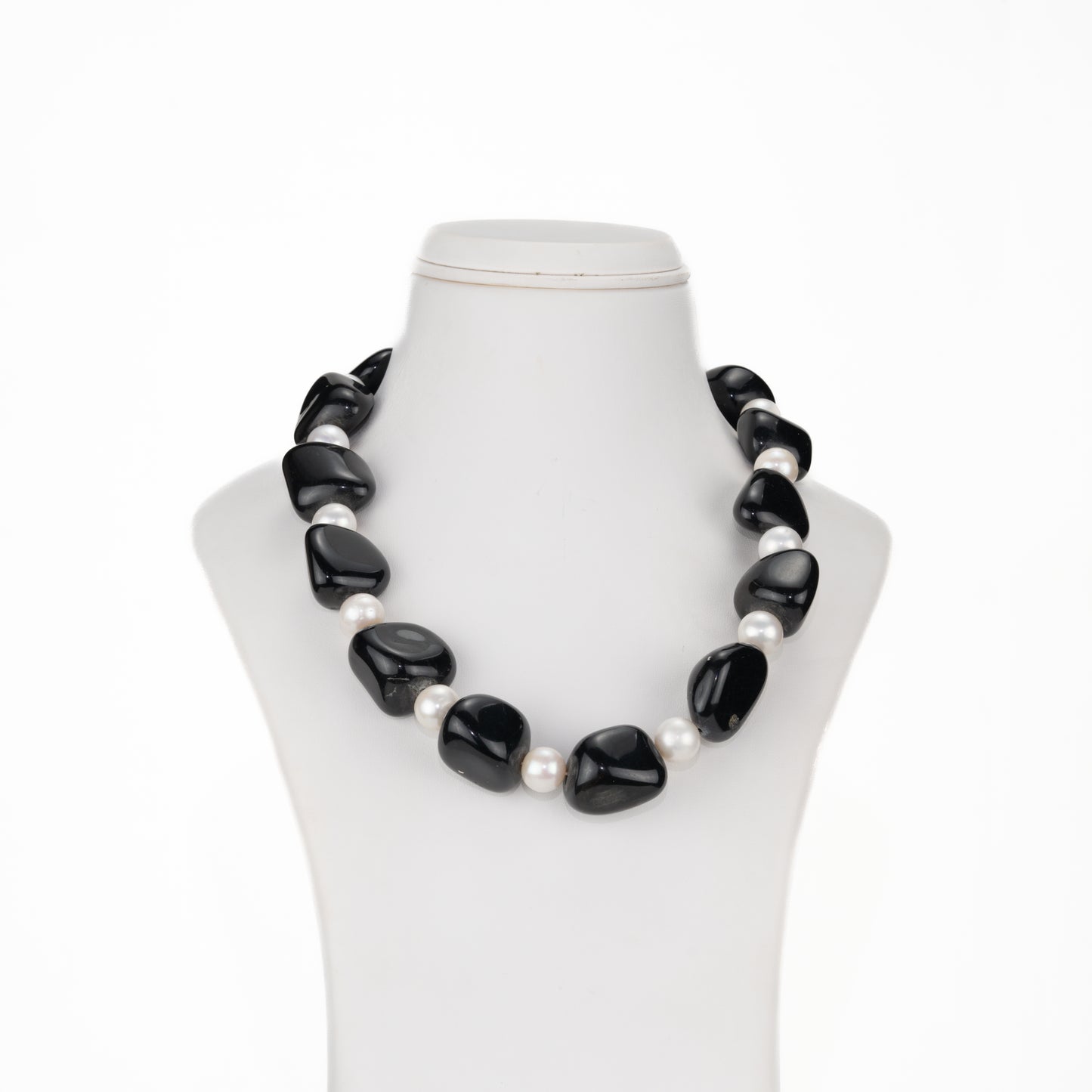 Black Onyx Semi Precious Beads & White Freshwater Pearl Necklace