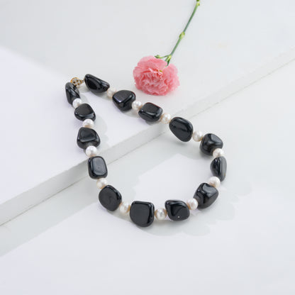 Black Onyx Semi Precious Beads & White Freshwater Pearl Necklace