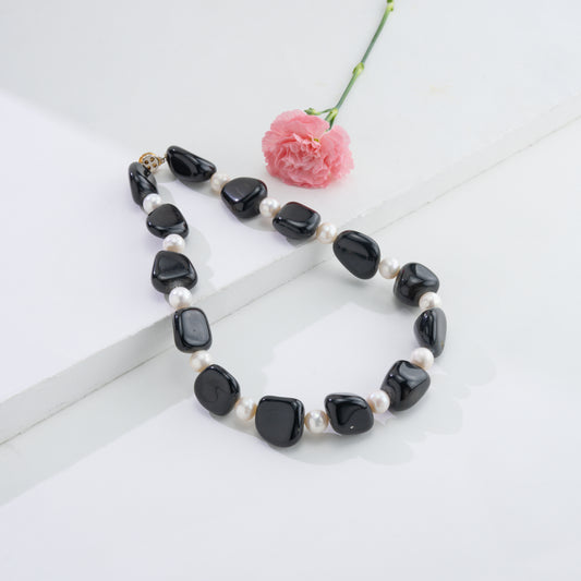 Black Onyx Semi Precious Beads & White Freshwater Pearl Necklace