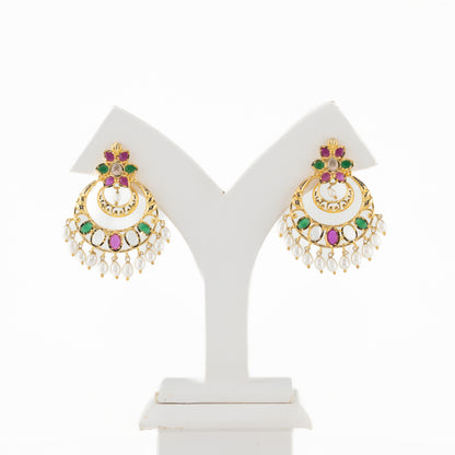 Designer Red Green Multicolor Chand Bali With Pearl Drop