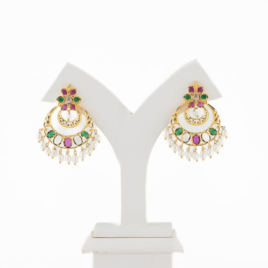 Designer Red Green Multicolor Chand Bali With Pearl Drop