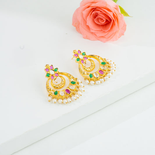 Designer Red Green Multicolor Chand Bali With Pearl Drop