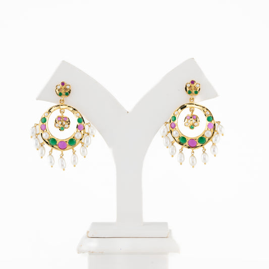 Dramatic Red Green Multicolor Drop Pearl Chand Bali