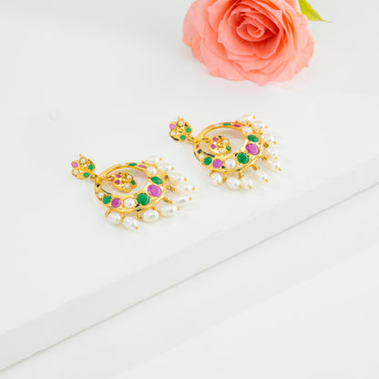 Dramatic Red Green Multicolor Drop Pearl Chand Bali