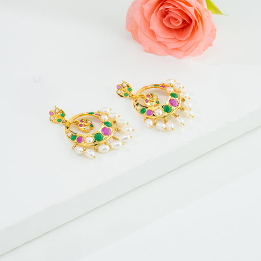Dramatic Red Green Multicolor Drop Pearl Chand Bali