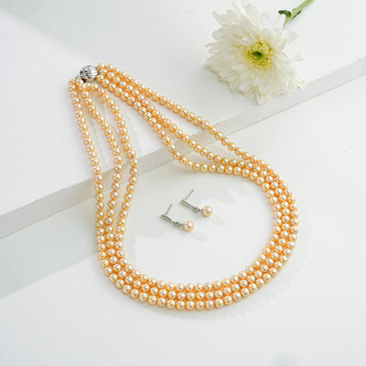 5.0-6.0mm Golden Round Saltwater Akoya Pearls Necklace Set - AA Quality