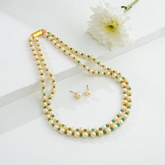 Natural Emerald and Golden Saltwater Akoya Pearls Necklace Set - A Quality