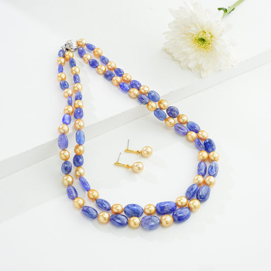 Natural Tanzanite Beads and 8.0-9.0mm Golden South Sea Pearls Necklace Set - A Quality
