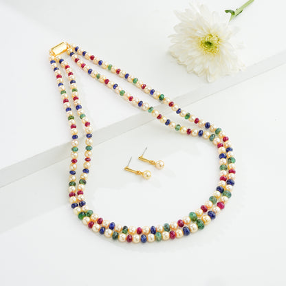 Natural Ruby & Emerald & Sapphire Beads and 6.0-7.0mm Golden Saltwater Akoya Pearls Necklace Set - A Quality