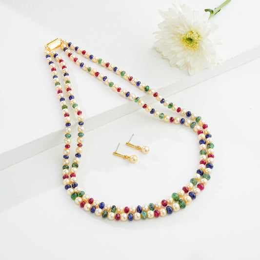 Natural Ruby & Emerald & Sapphire Beads and 6.0-7.0mm Golden Saltwater Akoya Pearls Necklace Set - A Quality