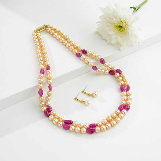 Natural  Ruby Beads and 7.0-8.0mm Golden Saltwater Akoya Pearls Necklace Set - AAA Quality