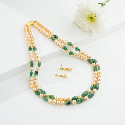 Natural Emerald Beads and 7.0-8.0mm Golden Saltwater Akoya Pearls Necklace Set - A Quality