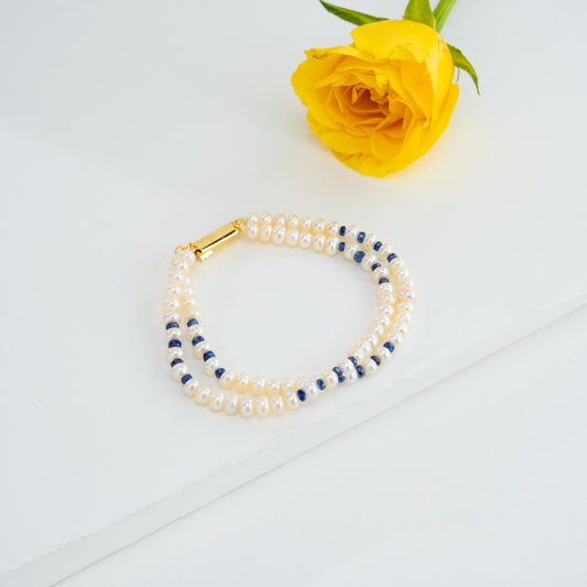 Natural Blue Sapphire Button Pearl Bracelet