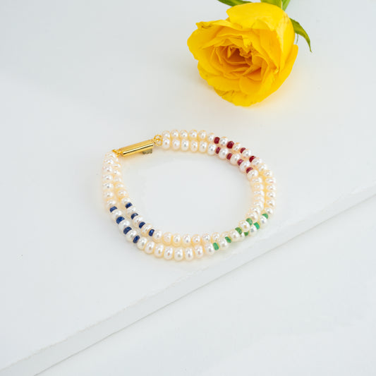 Natural Ruby Emerald Blue Sapphire Pearl Bracelet